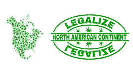 Vector cannabis North America v2 map mosaic and grunge textured Legalize stamp seal. Concept with green weed leaves. Concept for cannabis legalize campaign.