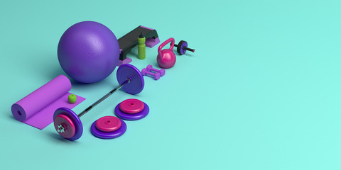 3d illustration of the concept of female training workout equipment . Fitness ball, weight, dumbbells, water bottle, apples