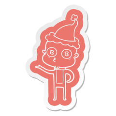 cartoon  sticker of a weird bald spaceman wearing santa hat
