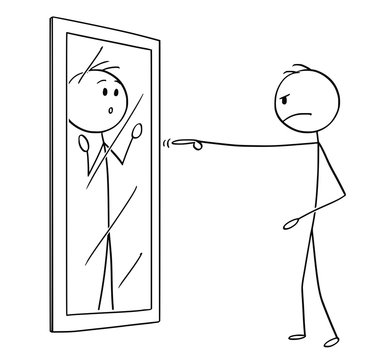 Cartoon stick figure drawing conceptual illustration of angry man pointing  and blaming yourself or his reflection in mirror. vector de Stock | Adobe  Stock