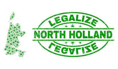 Vector cannabis North Holland map mosaic and grunge textured Legalize stamp seal. Concept with green weed leaves. Concept for cannabis legalize campaign.