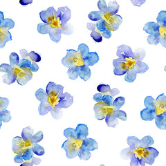 Seamless pattern of beautiful blue flowers, watercolor illustration.