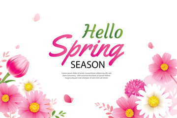 Hello spring greeting card and invitation with blooming flowers background template. Design for decor, flyers, posters, brochure, banner.
