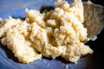 khoya is a dairy product widely used in South Asian cuisine of India. It is made of either dried whole milk or milk thickened by heating in an open iron pan.