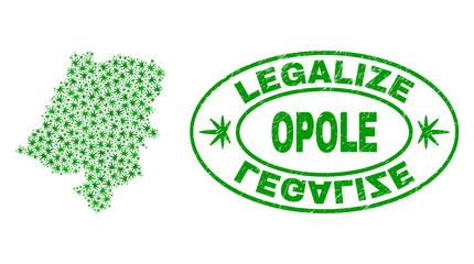 Vector cannabis Opole Voivodeship map mosaic and grunge textured Legalize stamp seal. Concept with green weed leaves. Template for cannabis legalize campaign.