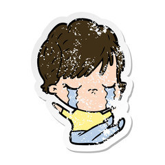 distressed sticker of a cartoon woman crying