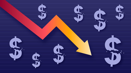 Graph show value loss of dollar, modern trendy colors, gradient arrow and purple usd symbols