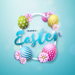 Vector Illustration of Happy Easter Holiday with Painted and Spring Flower on Shiny Blue Background. International Celebration Design with Typography for Greeting Card, Party Invitation or Promo