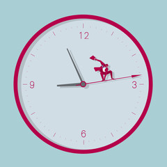 Businessman is surfing in the clock. Isolated on blue background.