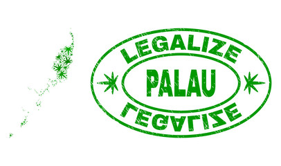 Vector cannabis Palau map mosaic and grunge textured Legalize stamp seal. Concept with green weed leaves. Concept for cannabis legalize campaign. Vector Palau map is constructed from weed leaves.
