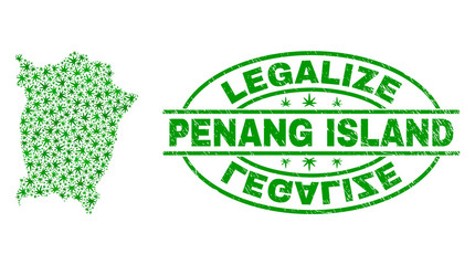 Vector cannabis Penang Island map mosaic and grunge textured Legalize stamp seal. Concept with green weed leaves. Concept for cannabis legalize campaign.