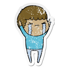distressed sticker of a cartoon man crying