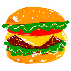Big hamburger illustration. Classic burger closely. Multiple layers - chopped tomato, lettuce leaves, cheese, meat, sesame bun. Fast food image for design, web, banner, poster, print, advertising