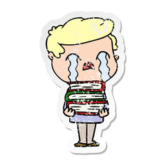 distressed sticker of a cartoon man crying over stack of books