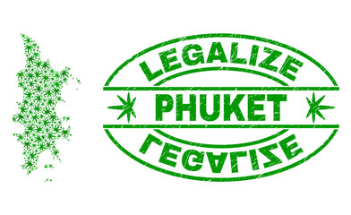 Vector cannabis Phuket map mosaic and grunge textured Legalize stamp seal. Concept with green weed leaves. Template for cannabis legalize campaign. Vector Phuket map is created with cannabis leaves.