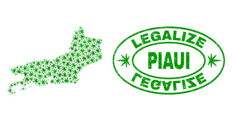 Vector cannabis Piaui State map mosaic and grunge textured Legalize stamp seal. Concept with green weed leaves. Concept for cannabis legalize campaign.