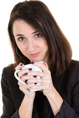 Smiling Business woman hold white coffee cup mug