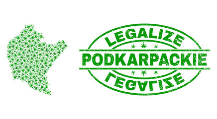 Vector cannabis Podkarpackie Voivodeship map mosaic and grunge textured Legalize stamp seal. Concept with green weed leaves. Concept for cannabis legalize campaign.