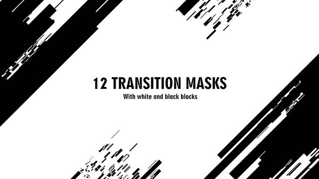 12 futuristic transition masks. Abstract motion graphics and animated background with white and black block figures. Transition monochrome masks templates 4K