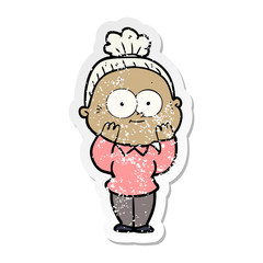 distressed sticker of a cartoon happy old woman