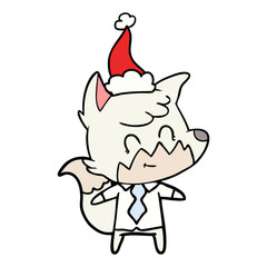 line drawing of a friendly fox wearing santa hat