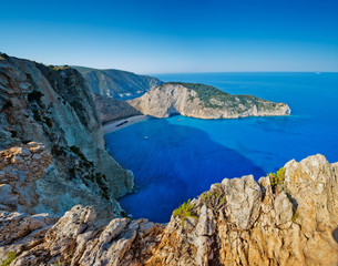 Fototapeta na wymiar Navagio bay and Ship Wreck beach in summer. The famous natural landmark of Zakynthos, Greek island in the Ionian Sea