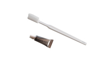 Toothbrushe and toothpaste rinse on white background. Dental and healthcare concept.