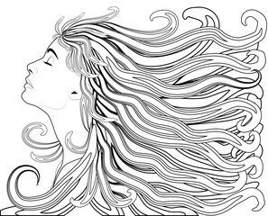 Girl with streaming hair, linen hand drawn illustration for coloring book.