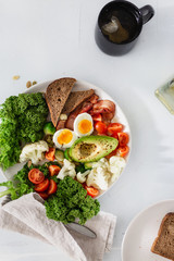 Plate healthy food breakfast lunch top view Balanced copy space