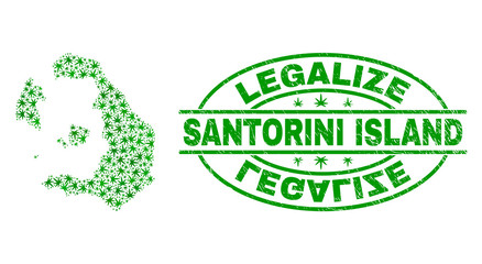 Vector cannabis Santorini Island map collage and grunge textured Legalize stamp seal. Concept with green weed leaves. Concept for cannabis legalize campaign.