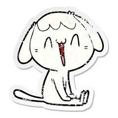 distressed sticker of a cartoon laughing dog