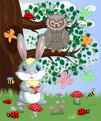 Bunny with a heart in a forest glade. Spring, postcard