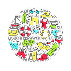 Design elements of Vacation at sea. Outline icon with elements for mobile concepts and web apps. Line and flat style icon. Vector sign