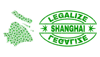 Vector marijuana Shanghai City map mosaic and grunge textured Legalize stamp seal. Concept with green weed leaves. Concept for cannabis legalize campaign.