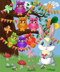 Bunny with a heart in a forest glade. Spring, postcard
