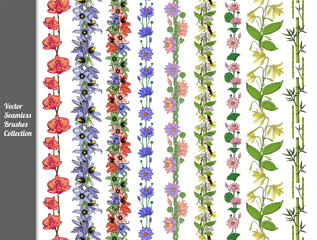set of hand drawn floral seamless brushes. vanilla, lotus flower, pasque, orchid, bamboo