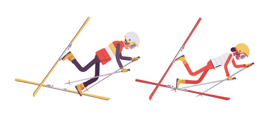 Sporty man and woman falling off in bad technique on ski resort. Wrong skiing on active holiday, wintertime tourism. Vector flat style cartoon illustration isolated on white background