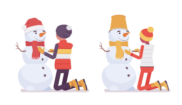 Young man and woman make a snowman, enjoy winter outdoor activities, have fun on active holiday, wintertime tourism and recreation. Vector flat style cartoon illustration isolated on white background