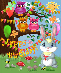 Fototapeta premium Bunny with a heart in a forest glade. Spring, postcard