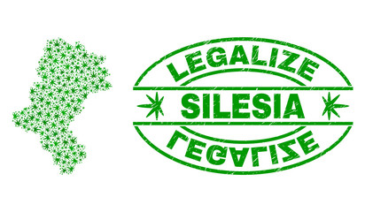 Vector marijuana Silesian Voivodeship map collage and grunge textured Legalize stamp seal. Concept with green weed leaves. Concept for cannabis legalize campaign.