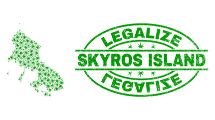 Vector marijuana Skyros Island map collage and grunge textured Legalize stamp seal. Concept with green weed leaves. Concept for cannabis legalize campaign.