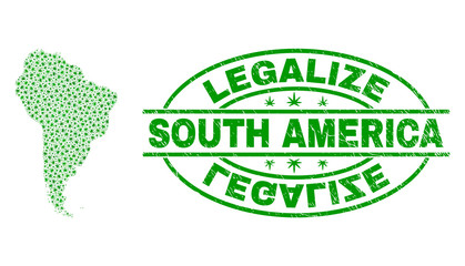 Vector marijuana South America map collage and grunge textured Legalize stamp seal. Concept with green weed leaves. Concept for cannabis legalize campaign.