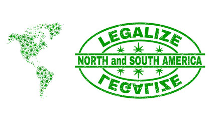 Vector cannabis South and North America map mosaic and grunge textured Legalize stamp seal. Concept with green weed leaves. Concept for cannabis legalize campaign.