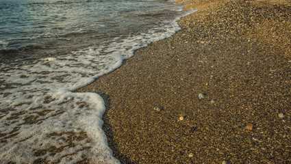 sand beach and fuzzy water waves in south sea waterfront background perspective surface photography, summer vacation concept, copy space