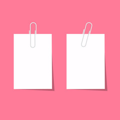 White sticky notes with clip and shadow on a pink background. Flat design office reminder or idea pad.