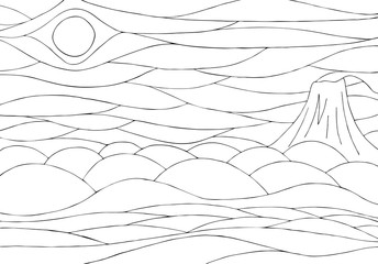 Black and white coloring with river and volcano. Vector drawing.