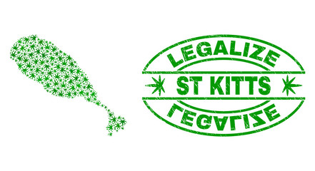 Vector cannabis St Kitts Island map collage and grunge textured Legalize stamp seal. Concept with green weed leaves. Template for cannabis legalize campaign.