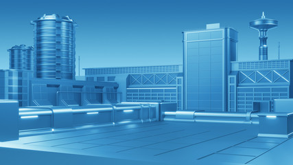 Futuristic hi-tech factory industrial and business buildings architecture with copyspace for information. 3d render.