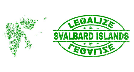 Vector cannabis Svalbard Islands map mosaic and grunge textured Legalize stamp seal. Concept with green weed leaves. Concept for cannabis legalize campaign.