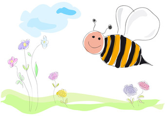 bee on flowers, vector illustration drawing made by a child style. Spring concept